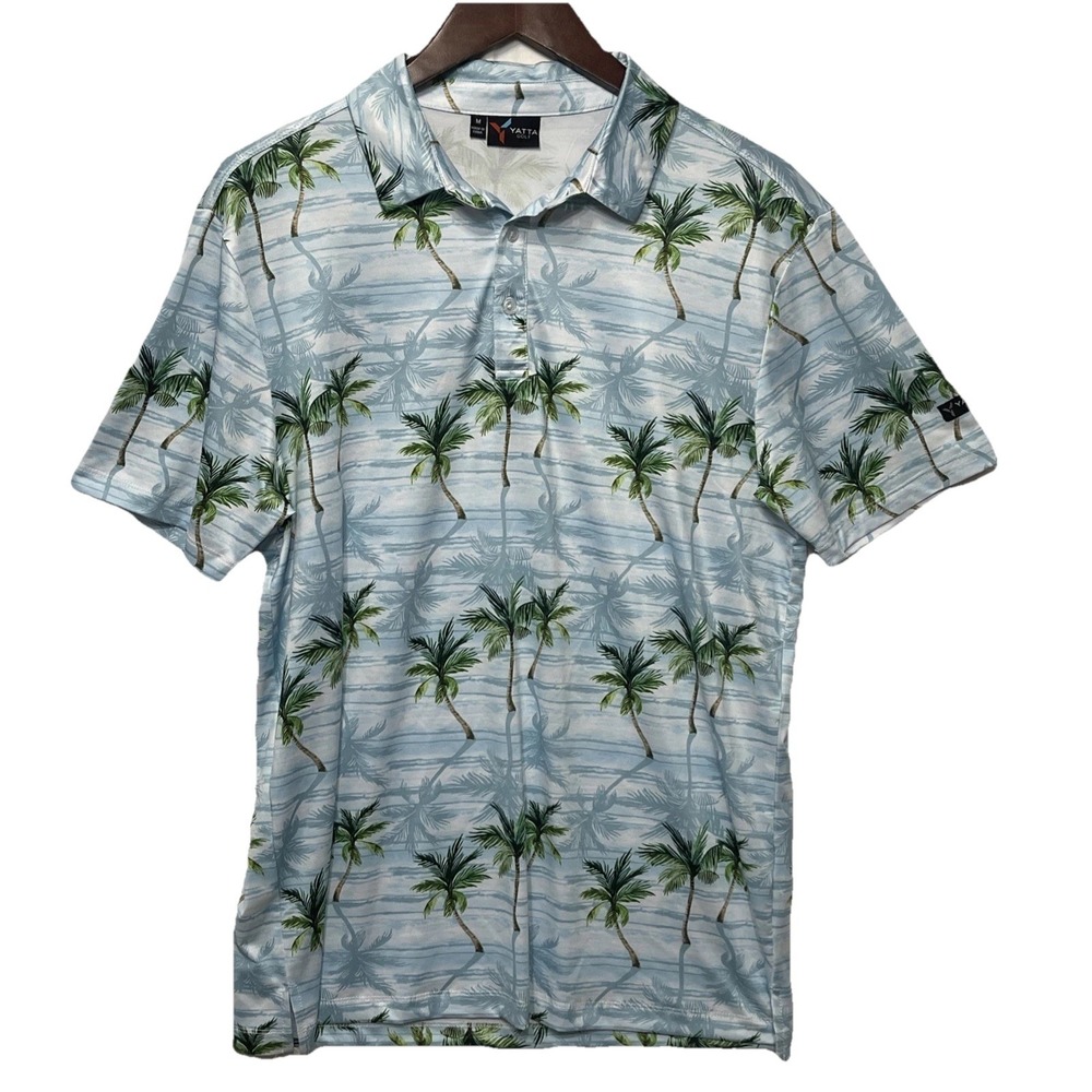 Yatta Golf Polo Shirt Men's Medium Blue‎ Palm Tree Tropical Performance S/S